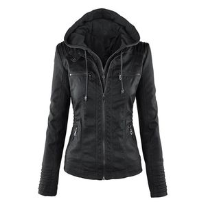 Plus Size Moto Jacket Streetwear Women Zipper Coat Hooded Hoodie Ladies Outerwear Faux Leather PU Female Jacket Winter Coat2151