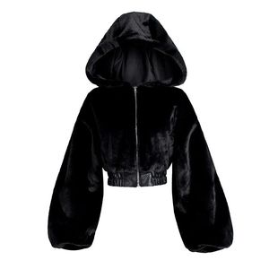 Frauen Pelz Faux Winter Kaninchen straße Mantel Zipper Streetwear Hohe Taille Pelzigen Mit Kapuze Plüsch Jacke Strickjacke Fleece Parkas 231010