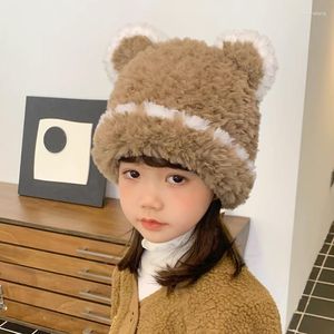 모자 3-10y 귀여운 곰 코바트 아이 모자 소프트 폼팟 여자 소년 캡 비니 솔리드 겨울 니트 따뜻한 귀 보호 보닛