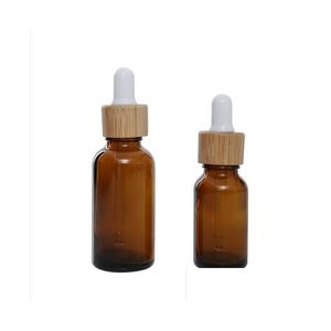 Garrafas de embalagem Atacado Natural Bambu De Madeira Matte Vidro Âmbar Garrafas Conta-gotas de Óleo Essencial 15ml 30ml Recipientes Cosméticos Escritório S Dhkmi