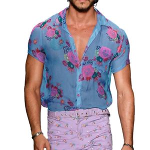 Men s klänningskjortor 2023 Sexig skjorta se genom lapel topp lös blommor tryckta korta ärmknappar andas för man 231009