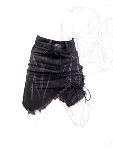 Skirts Women's Jean Shorts Blue Vintage Y2k Lace Up Irregular A-Line Mini Denim Skirt Korean Harajuku Girls Fashion Summer 2023