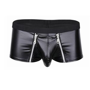 Underpants Mens Lingerie Faux Leather Underwear Bulge Bolsa com fecho de zíper duplo Boxer Briefs Low Rise Sexy Masculino Panties252o