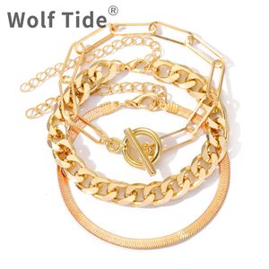 Wolf Tide New Style Multi Layered Bracelet Set For Women Gold Plated Snake Chain Layer Cuban Link Bracelets Hip Hip Punk Love Star Charms Pendantjewelery Bijoux Gifts
