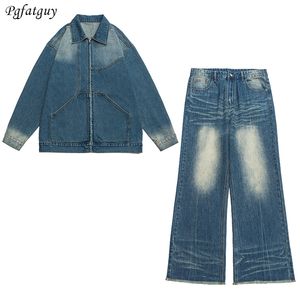 Fashion Gradient Men's Jeans Sets Casual Loose Zipper Denim Jacket and Straight Tube Pants Autumn Hip Hop Trend Streetwear M-5XL