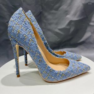 Sapatos de vestido 2023 Vinapobo tecido azul marinho feminino apontou toe stiletto bombas senhoras casamento nupcial 8cm 10cm 12cm saltos altos tamanho 33-45