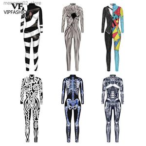 Theme Costume VIP FASHION Female Halloween Come For Women Cosplay Robot Printed Comes Jumpsuit Skull Carnival Come Bodysuit Rompers Q231010