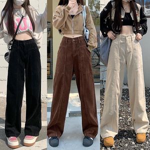 Женские брюки осень-зима, вельветовые женские винтажные свободные прямые широкие брюки-карго в американском стиле с высокой талией, длинные брюки с карманами