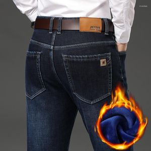 Мужские джинсы, мужские прямые флисовые брюки большого размера, деловые повседневные классические мешковатые синие плюшевые брюки, мужские джинсовые брюки больших размеров 44 46