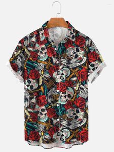 Mäns casual skjortor 2023 Vintage Rose Style Hawaiian Skull Camisas Africanas Para Hombre Camicia Hawaiana