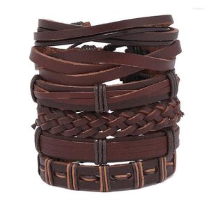 Bangle 6 PCS/SET VINATGE BROWN GOTHIC PUNK MULTILAYER LEATHER JEBLEETS Män flätade väv Charm Bangles Fashion Diy Armbands smycken