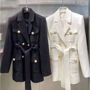 Neue Luxus-Frauen-Woll-Blazer-Jacke mit V-Ausschnitt, zweireihiger Blazer mit Gürtel, weibliche Mode, schmaler formeller langer, schwarzer, weißer Büro-Dame-Anzugsmantel