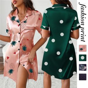 Kvinnors sömnkläder tryck lös pyjamas sommar kort ärm Silk Satin Nightgowns Casual Sexig hemkläder nattdress