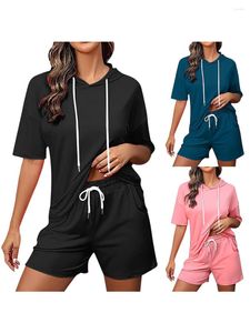 Lauf-Sets Damen 2-teiliges Trainingsanzug-Outfit, einfarbig, mit Kapuze, kurzärmelig, Hoodies, Tops, Kordelzug, elastische Taille, Shorts-Set