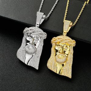 92mm High Big Jesus Piece Pendants Halsband Hip Hop Cubic Zirconia Paved Bling Iced Out Men Rapper Jewelry Gold Color1252w