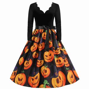 Temadräkt 3xl goth disfraz halloween kostymparty klänningar kvinnor 2023 v-hals långärmad pumpa häxa tryck vintage mardröm pinup robe x1010