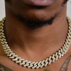 14mm Iced Cuban Link Prong Chain Necklace 14K White Gold Plated Two Tone Gold and Silver Color Diamond Cubic Zirconia Jewelry 16in338Q