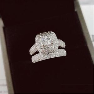 Bröllopsringar Vecalon 188 st Topaz Simated Diamond CZ 14kt White Gold Filled 3-In-1 Engagement Wedding Band Ring Set for Women SZ 5-11 DHRPL