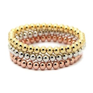 Todo 10 peças lote 6mm 24k ouro real rosa ouro banhado a platina contas redondas de cobre homens mulheres presentes de aniversário bracelete elástico245q