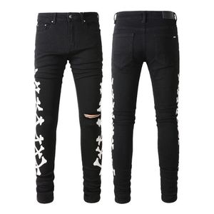 Mężczyzn dżinsy dla mężczyzny chude dżinsy designerskie spodnie RIP Slim Fit with Bone Black Biker Denim Stretch Motorcycle Trendy Knee Hole Long ST252S