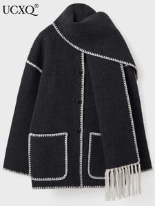 Women's Wool Blends UCXQ Women Fashion Woolen Coat Thickened Loose Scarf Tassel Matching Long Sleeve Black White Jacket Autumn Winter 23A5157 231010