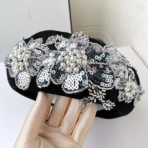 Berets 202308-2F-2F-034B4 Ins Chic Summer Sequins Beaded Lace Flower Grace Lady Beret Hat Women Leisure Painter Cap