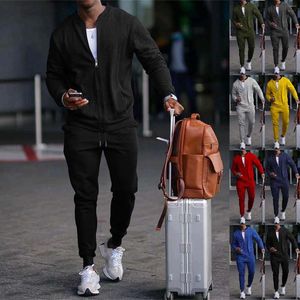 Koşu Setler Erkek Moda Sıradan Fermuar Kapşonlu Sweatshirt Düz Renk İki Parça Cep Süveter Erkek Slim Fit Yün Takım Gençlik Smokin