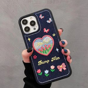 Cell Phone Cases Cute Denim Fabric Embroidery Flower Winter Warm Case For iPhone 15 14 13 12 11 Pro Max XS XR X Silicone Cover Protector 231010