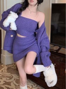 Work Dresses 2023 Autumn Purple Knitted Sweater Suit Woman Sexy Corset Loose Casual Cardigan Slim Y2k Mini Skirt Party Korea 3 Piece Set