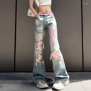 Women's Jeans Fashion Pink Washed Patch Ripped Straight Y2K Retro Street Hip Hop Ladies High Waist Wide Leg Trousers