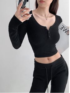 Women's T Shirts TVVovvin 2023 Street Style Girls Tight Elastic Bottom Shirt Show Thin Big U-Neck långärmad stickad t-shirt 2Kbn