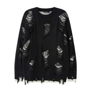 Herrtröjor High Street Black White Two Sided Round Neck Knit Sweater Men's Autumn and Winter Hip Hop Overized Perforated Ripped Knitwears 231010