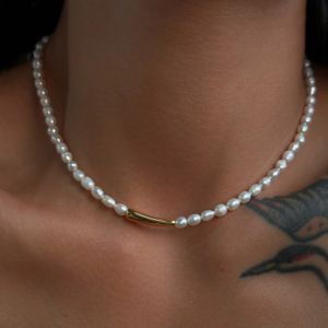 Chokers mässing Natural Freshwater Pearl Tube Pendant Halsband Kvinnliga smycken Punk Designer Runway Rare Gown Boho Japan Korean 231010