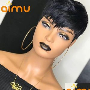 Menschliches Haar Capless Perücken Brasilianische gewellte kurze Perücke für schwarze Frauen natürliche Farbe / Ombre Blonde Pixie Cut Lace Front mit Pony Drop Del DHP5O