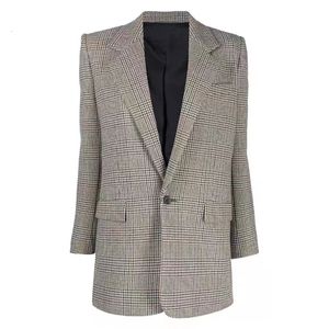 女性のスーツブレザーY2K女性格子縞のウールブレンドスーツジャケットオフィスファッションシングルボタンラペルスリムブレザーコート滑走路気質ハイエンド衣類231010