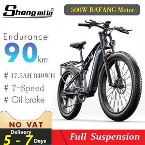 26 tum elektrisk cykel E-cykel 500 W 840WH Electric Mountain Bike City Fat Tire Moped Shimano 7 Speed ​​Mtb Shengmilo E Bikes Snowbike 17.5AH 48 V Men's Recreational Bike