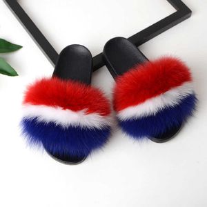 Spring and summer new women fashion fox fur slippers Korean version wear one-piece slippers home fur slippers 231007