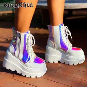 Boots Women Ankle Boots Zip Laser Flat Chunky Heel Wedge Platform Female Pumps Ladies Round Toe Lolita Punk Cool Girl Harajuku Shoes 231009