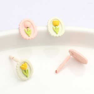 Stud Earrings Zinc Alloy Enamel White Pink Oval Tulip Flower Grace Creative 6pcs/lot For DIY Fashion Jewelry Finding