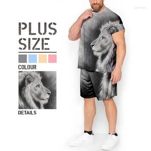 メンズトラックスーツ男性服3DプリントTシャツスーツプラスサイズライオンパターングラフィックラウンドネックロパファッションデザイナー半袖2ピース