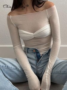 Women's T Shirts Sexy See Through Women T-shirt Tops Mesh White Off Shoulder Long Sleeve Ruched T-shirts Female Spring Skinny Slim Party