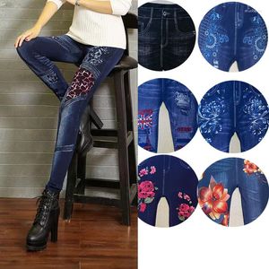 Leggings femininas finas emagrecimento mulheres cintura alta imitação denim alta-elástica roupas femininas floral leopardo impressão bulift calças compridas