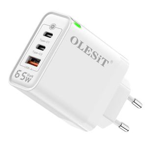 OLESiT 65 Вт GaN Зарядное устройство USB-A 3 порта PD USB Type C Быстрая зарядка Адаптер питания QC3.0 Настенные зарядные устройства Штепсельная вилка США, ЕС и Великобритании для Iphone 15 Pro Samsung Max Pro Путешествия Домашний смартфон Новинка