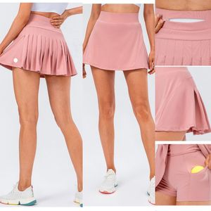 LU-2065 Women Fitness Tennis Skirt Double Layer Dance Pleated Yoga Skirt Running Breathable Sports Short Skirt