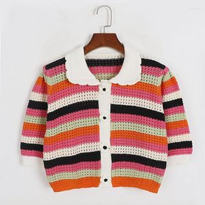 Kvinnors T-skjortor Designer Sweet Doll Neck Colorful Stripe Stripe Cardigan Flower Button T-shirt Loose Lantern Sleeve Short Top Ladies