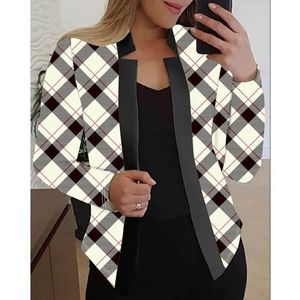 Ternos femininos blazers outono e inverno feminino em pé pescoço listra xadrez contraste lantejoulas emendado cardigan manga longa casaco moda casual tops 231010