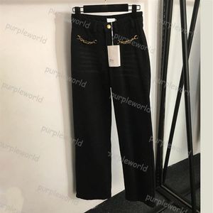 Kvinnor Jeans High midja raka byxor Hårdvarukedja Dekorerade mode Jeans Wide Legged Pants266V