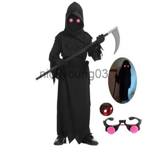 Temadräkt glödande röda ögon halloween skräckdräkt dyster reaper kostym för pojkar barn cosplay kostym med skythe x1010