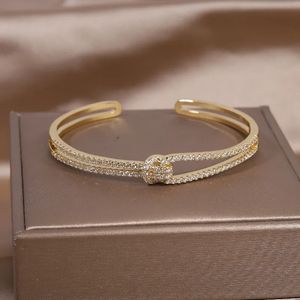 Bangle 14K real gold plating exquisite AAA luxury full zircon knot bracelet elegant women's wedding party opening adjustable 231009