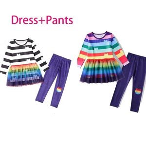 Kleidungssets Cartoon-Katzen-Kleidungssets Baby Mädchen Langarmkleid und Leggings Hosen 2-teiliges Set Kinder Regenbogen gestreift Karneval Cosplay Outfits 231010